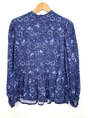 B Copenhagen Balloon Sleeve Peplum Top Blue Paisley Floral Cotton Women’s M